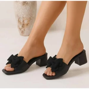 Fashionable Bow Elegant Sexy High Heel Slippers in Summer New Round Toe Thick Heel Comfortable Open-toe Casual Slippers - Image 4