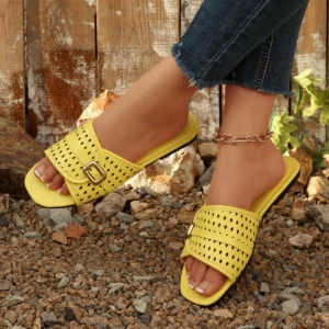 Summer Hollow out Metal Buckle Design Square Head Versatile Flat Bottom Casual Women's Belted Sandals - Image 2
