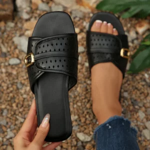 Summer Hollow out Metal Buckle Design Square Head Versatile Flat Bottom Casual Women's Belted Sandals - Image 4