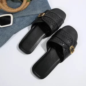 Summer Hollow out Metal Buckle Design Square Head Versatile Flat Bottom Casual Women's Belted Sandals - Image 6