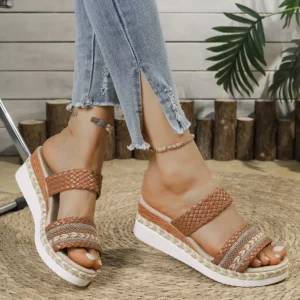 Bohemia Style Wedge Heel Sandals Women 2025 Summer Woven Platform Slippers Woman Lightweight Non Slip Thick Sole Casual Sandles - Image 2