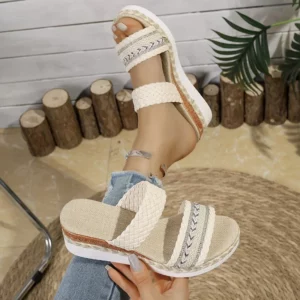 Bohemia Style Wedge Heel Sandals Women 2025 Summer Woven Platform Slippers Woman Lightweight Non Slip Thick Sole Casual Sandles - Image 4