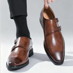 Classic Retro Dress Men's Monk Leather Shoes With Pointed Toe Buckle Business Office Wedding Comfortable Men's Oxfords Shoes - Image 4