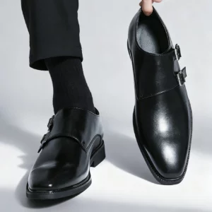 Classic Retro Dress Men's Monk Leather Shoes With Pointed Toe Buckle Business Office Wedding Comfortable Men's Oxfords Shoes - Image 5