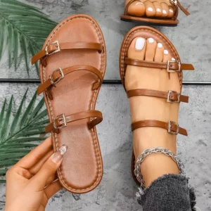 2025 New Summer Women Belt Buckle Flat Flat Casual Outdoor Sandals Beach Flat Bottom Leather Slippers Metal Buckle Slippers - Image 5