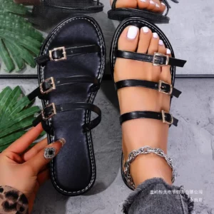2025 New Summer Women Belt Buckle Flat Flat Casual Outdoor Sandals Beach Flat Bottom Leather Slippers Metal Buckle Slippers - Image 4