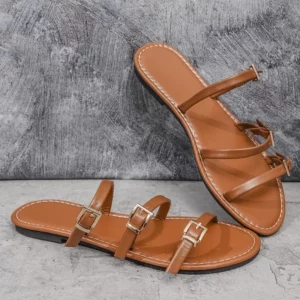 2025 New Summer Women Belt Buckle Flat Flat Casual Outdoor Sandals Beach Flat Bottom Leather Slippers Metal Buckle Slippers - Image 3