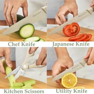 Kitchen Knife Set, 6-Pieces Khaki Sharp Knife Set for Kitchen, Non-stick Non-slip Stainless Steel Chef Knife Set with Universal Knife Block Suitable for Home Restaurant (Khaki) Khaki - Image 2