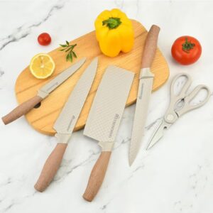Kitchen Knife Set, 6-Pieces Khaki Sharp Knife Set for Kitchen, Non-stick Non-slip Stainless Steel Chef Knife Set with Universal Knife Block Suitable for Home Restaurant (Khaki) Khaki - Image 3