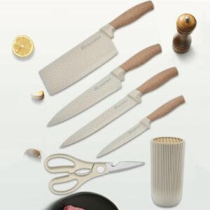 Kitchen Knife Set, 6-Pieces Khaki Sharp Knife Set for Kitchen, Non-stick Non-slip Stainless Steel Chef Knife Set with Universal Knife Block Suitable for Home Restaurant (Khaki) Khaki - Image 4