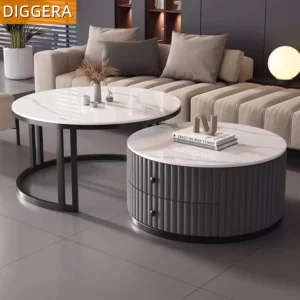DIGGERA Round Nesting Coffee Table of 2 with Storage Drawer for Home Living Room Extendable Coffee Table with Storage&Wheels - Image 1