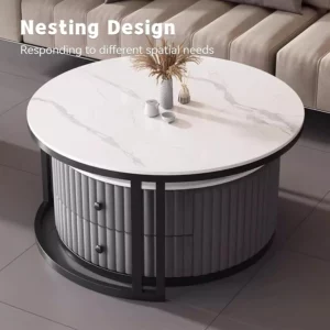 DIGGERA Round Nesting Coffee Table of 2 with Storage Drawer for Home Living Room Extendable Coffee Table with Storage&Wheels - Image 2