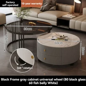 DIGGERA Round Nesting Coffee Table of 2 with Storage Drawer for Home Living Room Extendable Coffee Table with Storage&Wheels - Image 6