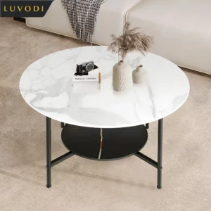 LUVODI Modern Round Coffee Accent Table Living Room Center Cafe Table with 2-tier Open Storage Shelf n Black Metal Frame - Image 1