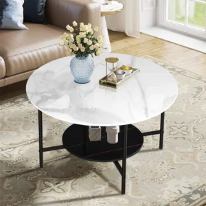LUVODI Modern Round Coffee Accent Table Living Room Center Cafe Table with 2-tier Open Storage Shelf n Black Metal Frame - Image 2