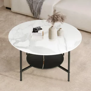 LUVODI Modern Round Coffee Accent Table Living Room Center Cafe Table with 2-tier Open Storage Shelf n Black Metal Frame - Image 6