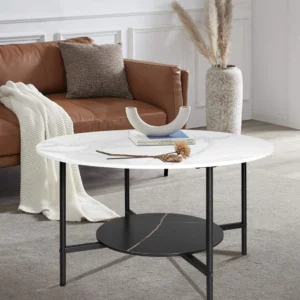 LUVODI Modern Round Coffee Accent Table Living Room Center Cafe Table with 2-tier Open Storage Shelf n Black Metal Frame - Image 5