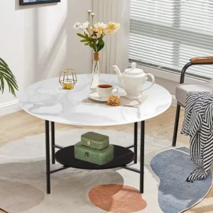 LUVODI Modern Round Coffee Accent Table Living Room Center Cafe Table with 2-tier Open Storage Shelf n Black Metal Frame - Image 4