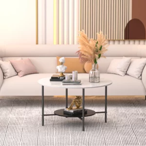 LUVODI Modern Round Coffee Accent Table Living Room Center Cafe Table with 2-tier Open Storage Shelf n Black Metal Frame - Image 3