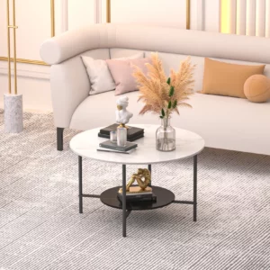 LUVODI Modern Round Coffee Accent Table Living Room Center Cafe Table with 2-tier Open Storage Shelf n Black Metal Frame - Image 7