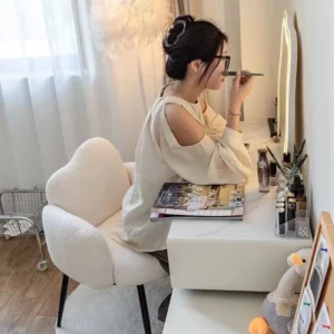Modern Teddy Fabric Accent Chair, Cloud-Shaped Backrest with Metal Legs,Stylish Vanity Chair for Bedroom Dressing Room Furniture - Image 4