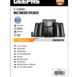 GEEPAS 5.1 Channel Multimedia Speaker System With Remote Control- FM Radio, Bluetooth, USB Input, SD Card Reader, Karaoke Function| LED Display, 50000W PMPO Speaker Unit| 2 Years Warranty GMS8578 Black GMS8578 Black - Image 3