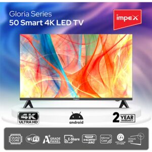 Impex 50-Inch 4K UHD Smart LED TV - Latest Android Version, Quad Core Television, Frameless, A+ Panel, Wi-Fi, 3 HDMI, 2 USB, RJ45, DVB-T2, 3840x2160, Slim, 2 Year Warranty - GLORIA 50 UHD SMART NEW Black IX50UHDS, GLORIA 50 UHD SMART NEW Black - Image 2