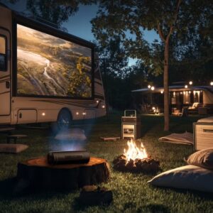 JMGO JMGO PicoFlix Portable Outdoor Projector with Rotating Gimbal, 1080P FHD & 3D, 420 ISO Lumens, Auto Focus, Built-in Battery 4.5H Movie Time, Google TV with Netflix, HDR10, 10W Speaker – Ideal for Camping & Travel - Image 2