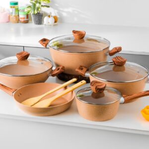 Essential 11 Piece Non Stick Cookware Set DC2878 Forged Aluminum Body with Durable Granite Coating 5 Layer Durable Construction, Induction base Casserole, Wok pan, Saucepan, Fry pan and Turner & spoon - Image 3