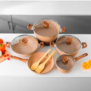 Essential 11 Piece Non Stick Cookware Set DC2878 Forged Aluminum Body with Durable Granite Coating 5 Layer Durable Construction, Induction base Casserole, Wok pan, Saucepan, Fry pan and Turner & spoon - Image 4