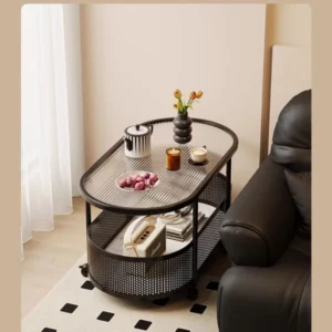 360° Rotating Double - Layer Storage Side Table, Explosion - Proof Glass Top Mobile End Table with Wheels for Living Room - Image 2