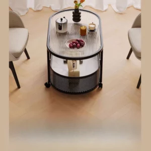 360° Rotating Double - Layer Storage Side Table, Explosion - Proof Glass Top Mobile End Table with Wheels for Living Room - Image 3