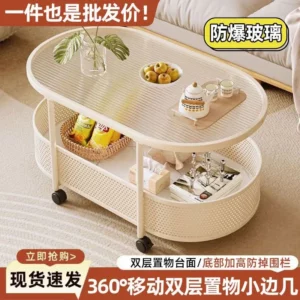 360° Rotating Double - Layer Storage Side Table, Explosion - Proof Glass Top Mobile End Table with Wheels for Living Room - Image 4