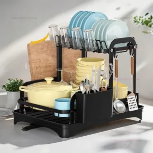 2 Tier Dish Drying Rack Black Kitchen Countertop Drainer with Drain Board Space Saving Storage Organizer - Image 2