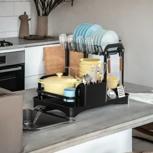 2 Tier Dish Drying Rack Black Kitchen Countertop Drainer with Drain Board Space Saving Storage Organizer - Image 3
