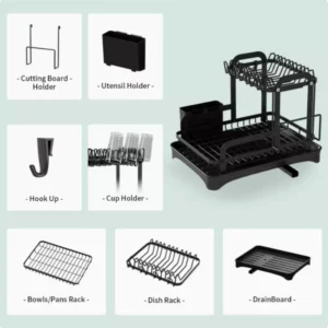 2 Tier Dish Drying Rack Black Kitchen Countertop Drainer with Drain Board Space Saving Storage Organizer - Image 4