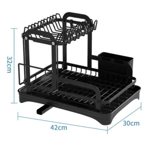 2 Tier Dish Drying Rack Black Kitchen Countertop Drainer with Drain Board Space Saving Storage Organizer - Image 5