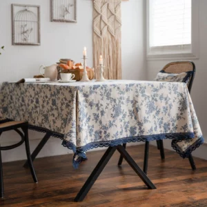 Cotton And Linen Tablecloth Blue Rose Country-Style Tablecloth Lace Border Rectangular Tablecloth Tea Table Cover Home Decor - Image 7