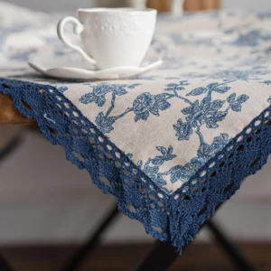 Cotton And Linen Tablecloth Blue Rose Country-Style Tablecloth Lace Border Rectangular Tablecloth Tea Table Cover Home Decor - Image 6