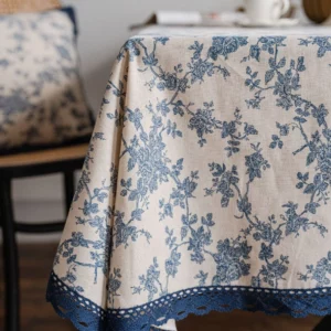 Cotton And Linen Tablecloth Blue Rose Country-Style Tablecloth Lace Border Rectangular Tablecloth Tea Table Cover Home Decor - Image 5