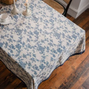 Cotton And Linen Tablecloth Blue Rose Country-Style Tablecloth Lace Border Rectangular Tablecloth Tea Table Cover Home Decor - Image 4