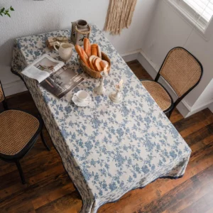 Cotton And Linen Tablecloth Blue Rose Country-Style Tablecloth Lace Border Rectangular Tablecloth Tea Table Cover Home Decor - Image 3