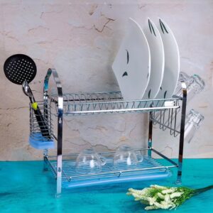 2-Layer Stainless Steel Wall Hanging Dish Rack Silver 54x25.2x37.8cm - Image 3