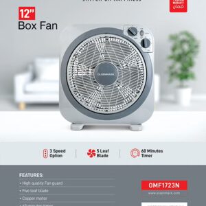 Olsenmark 12 inch Box Fan OMF1723N, 3 Speed Control, 60 minutes timer, Powerful Personal Desk Box Fan With Copper Motor, Table Fan for Office, Home (3 Speed) Fan Guard OMF1723 Grey - Image 7