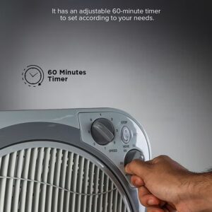 Olsenmark 12 inch Box Fan OMF1723N, 3 Speed Control, 60 minutes timer, Powerful Personal Desk Box Fan With Copper Motor, Table Fan for Office, Home (3 Speed) Fan Guard OMF1723 Grey - Image 8