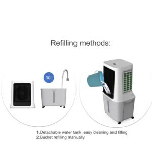 Evaporative Air Cooler, 30L Tank, 1800m³/h Airflow, Anion Purifier, 3 Wind Modes, 3-Speed Control, Multi-Directional Swing, 12H Timer, Dual Remote Control, Easy-Move Wheels 30 L 120 W AC-400 White - Image 7