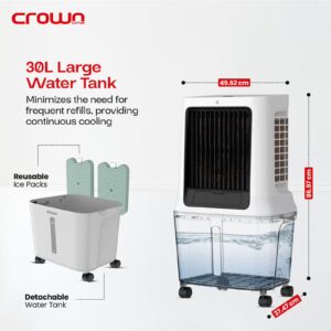 Evaporative Air Cooler, 30L Tank, 1800m³/h Airflow, Anion Purifier, 3 Wind Modes, 3-Speed Control, Multi-Directional Swing, 12H Timer, Dual Remote Control, Easy-Move Wheels 30 L 120 W AC-400 White - Image 2