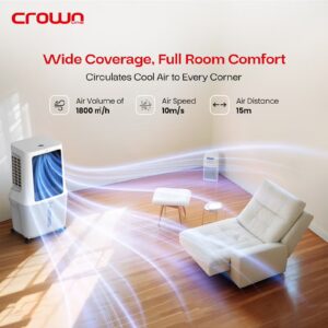 Evaporative Air Cooler, 30L Tank, 1800m³/h Airflow, Anion Purifier, 3 Wind Modes, 3-Speed Control, Multi-Directional Swing, 12H Timer, Dual Remote Control, Easy-Move Wheels 30 L 120 W AC-400 White - Image 5