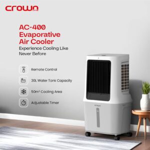 Evaporative Air Cooler, 30L Tank, 1800m³/h Airflow, Anion Purifier, 3 Wind Modes, 3-Speed Control, Multi-Directional Swing, 12H Timer, Dual Remote Control, Easy-Move Wheels 30 L 120 W AC-400 White - Image 6