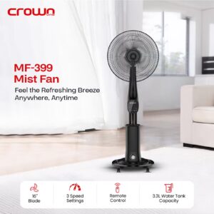 16-Inch Water Spray Mist Fan, 90W Power, 3.3L Tank, 3 Cooling Modes, 7H Timer, Remote Control, Anionic Function, Built-in Caster Wheels – Ideal for Home & Office 3.3 L 90 W - Image 7